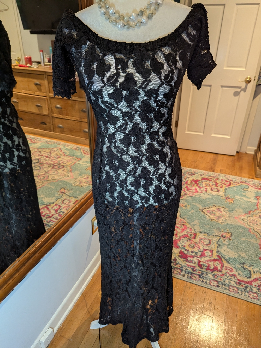 Betsey Johnson Vintage 90 Black lack Stretch Sheer Lace Maxi Dress - Picture 9 of 12